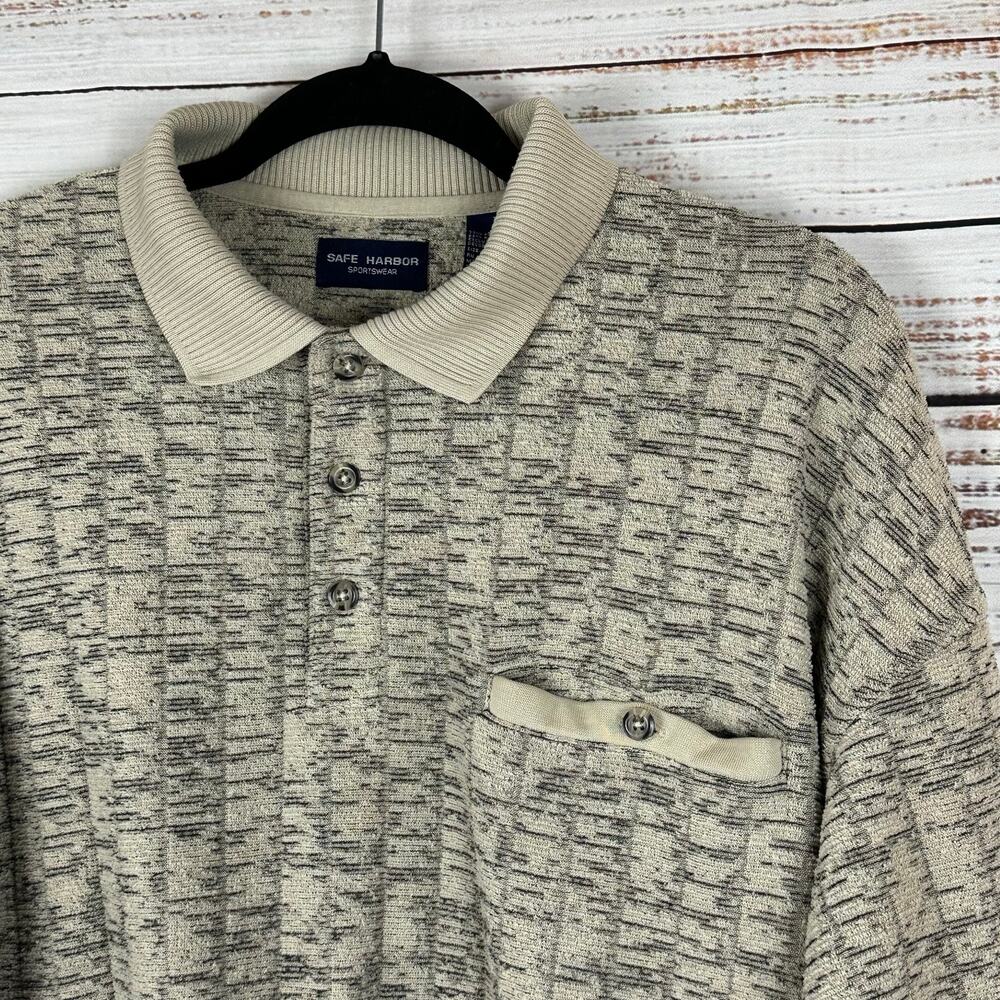 Mens VTG Safe Harbor Sportswear Tan Black Knit Pullover Sweater Polo Grandpa L